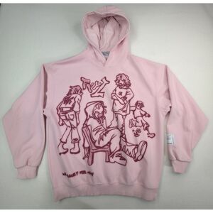 Aelfric Eden Hoodie Small Cartoon Line Front Back Print Pink Sweatshirt Pullover